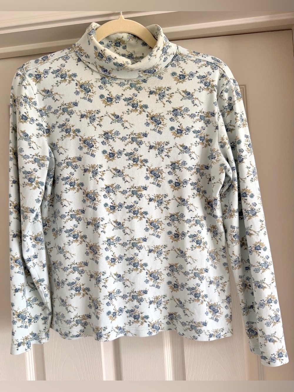 Vintage 90s L.L. Bean Blue Floral Turtleneck Long Sleeve Top 100% Cotton - Sz M